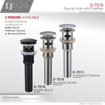 D-701 Series Bathroom Sink Mushroom Pop-Up Drain with Overflow in Brushed Nickel, Available Finishes