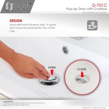 D-701 Series Bathroom Sink Mushroom Pop-Up Drain with Overflow in Polished Chrome, Design Info