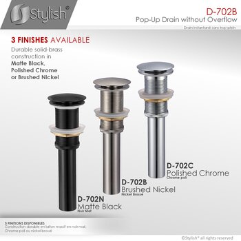 D-702 Series Bathroom Sink Mushroom Pop-Up Drain without Overflow in Brushed Nickel, Available Finishes