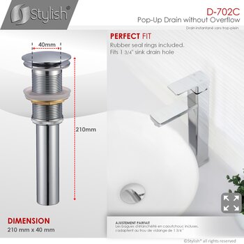 D-702 Series Bathroom Sink Mushroom Pop-Up Drain without Overflow in Polsihed Chrome, Perfect Fit Info