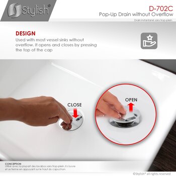D-702 Series Bathroom Sink Mushroom Pop-Up Drain without Overflow in Polsihed Chrome, Design Info