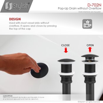 D-702 Series Bathroom Sink Mushroom Pop-Up Drain without Overflow in Matte Black, Design Info