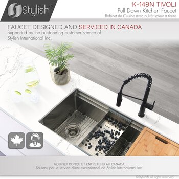 Stylish International Tivoli Single Handle Pull Down Kitchen Faucet in Matte Black, Design Info