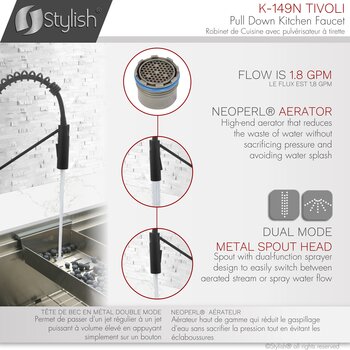 Stylish International Tivoli Single Handle Pull Down Kitchen Faucet in Matte Black, Flow rate Info