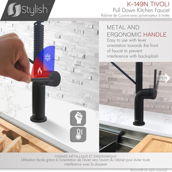 Stylish International Tivoli Single Handle Pull Down Kitchen Faucet in Matte Black, Ergonomic Handle Info