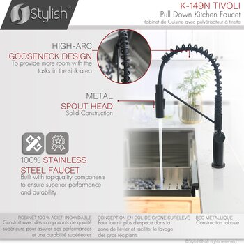 Stylish International Tivoli Single Handle Pull Down Kitchen Faucet in Matte Black, Gooseneck Design