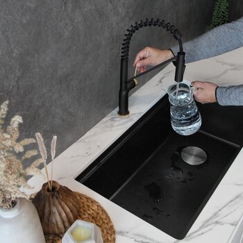 Stylish International STYLISH Kitchen Sink Faucet Single Handle Pull Down Dual Mode in Stainless Steel Matte Black with Brushed Gold Base and Handle Finish