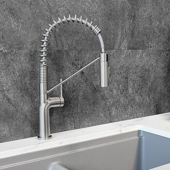 Stylish International Tivoli Single Handle Pull Down Kitchen Faucet in Stainless Steel, Installed View