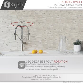Stylish International Tivoli Single Handle Pull Down Kitchen Faucet in Stainless Steel, 360 Degree Swivel Info
