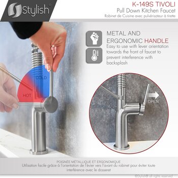 Stylish International Tivoli Single Handle Pull Down Kitchen Faucet in Stainless Steel, Ergonomic Handle Info