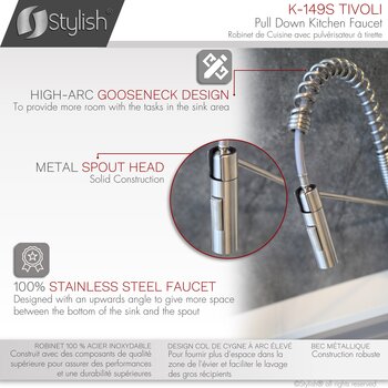 Stylish International Tivoli Single Handle Pull Down Kitchen Faucet in Stainless Steel, Gooseneck Design