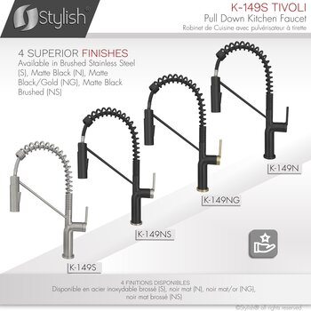 Stylish International Tivoli Single Handle Pull Down Kitchen Faucet in Stainless Steel, Available Finishes