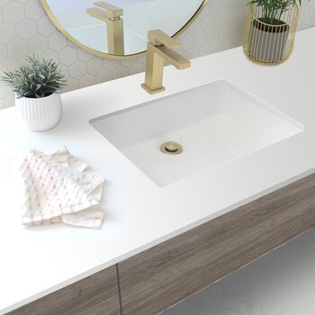 Stylish International Ritzy 20'' Rectangular Undermount Ceramic Bathroom Sink in Pure Glossy White with 2 Overflows: Polished Chrome and Matte Matte Black, Installed View
