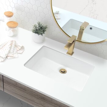 Stylish International Ritzy 20'' Rectangular Undermount Ceramic Bathroom Sink in Pure Glossy White with 2 Overflows: Polished Chrome and Matte Matte Black, Installed View