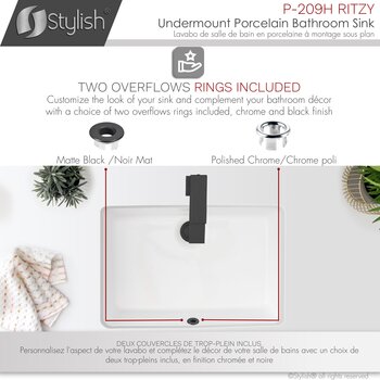 Stylish International Ritzy 20'' Rectangular Undermount Ceramic Bathroom Sink in Pure Glossy White with 2 Overflows: Polished Chrome and Matte Matte Black, Overflows Included