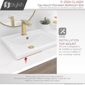 Stylish International Classy 20'' Rectangular Top-Mount Ceramic Bathroom Sink in Pure Glossy White with 2 Overflows: Polished Chrome and Matte Matte Black, Installation Info