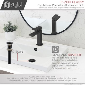 Stylish International Classy 20'' Rectangular Top-Mount Ceramic Bathroom Sink in Pure Glossy White with 2 Overflows: Polished Chrome and Matte Matte Black, Compatible Drain