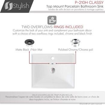Stylish International Classy 20'' Rectangular Top-Mount Ceramic Bathroom Sink in Pure Glossy White with 2 Overflows: Polished Chrome and Matte Matte Black, Overflows Included