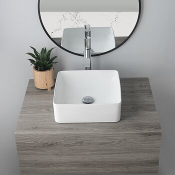 Stylish International Lush 14'' Pure Glossy White Square Ceramic Vessel Bathroom Sink, Installed View