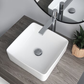 Stylish International Lush 14'' Pure Glossy White Square Ceramic Vessel Bathroom Sink, Overhead Installed View