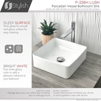 Stylish International Lush 14'' Pure Glossy White Square Ceramic Vessel Bathroom Sink, Finish Info