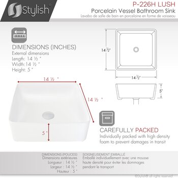 Stylish International Lush 14'' Pure Glossy White Square Ceramic Vessel Bathroom Sink, Dimensions