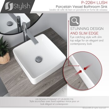 Stylish International Lush 14'' Pure Glossy White Square Ceramic Vessel Bathroom Sink, Stunning Design Info