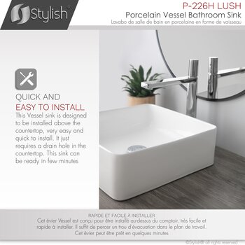 Stylish International Lush 14'' Pure Glossy White Square Ceramic Vessel Bathroom Sink, Quick and Easy to Install