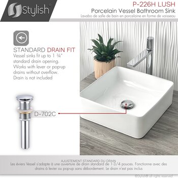 Stylish International Lush 14'' Pure Glossy White Square Ceramic Vessel Bathroom Sink, Compatible Drain