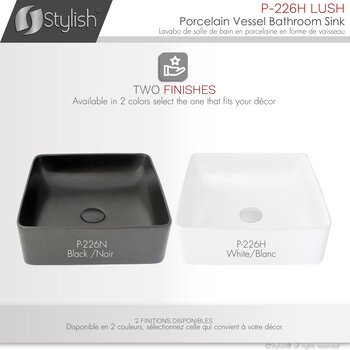 Stylish International Lush 14'' Pure Glossy White Square Ceramic Vessel Bathroom Sink, Available Finishes