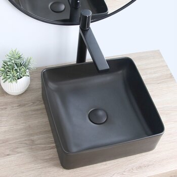 Stylish International Lush 14'' Matte Black Square Ceramic Vessel Bathroom Sink, Installed View