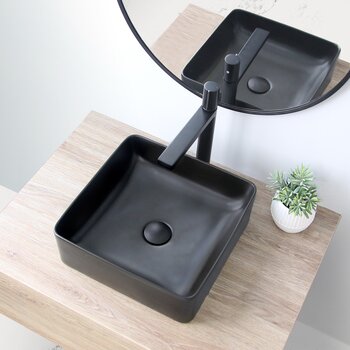 Stylish International Lush 14'' Matte Black Square Ceramic Vessel Bathroom Sink, Overhead Installed View