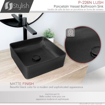 Stylish International Lush 14'' Matte Black Square Ceramic Vessel Bathroom Sink, Finish Info