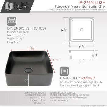 Stylish International Lush 14'' Matte Black Square Ceramic Vessel Bathroom Sink, Dimensions