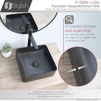 Stylish International Lush 14'' Matte Black Square Ceramic Vessel Bathroom Sink, Stunning Design Info