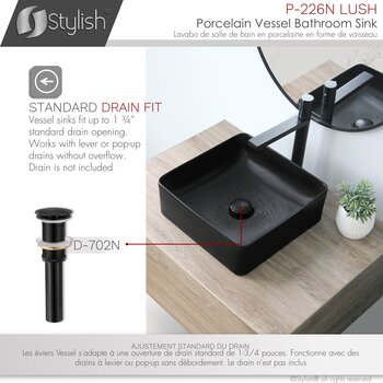 Stylish International Lush 14'' Matte Black Square Ceramic Vessel Bathroom Sink, Compatible Drain