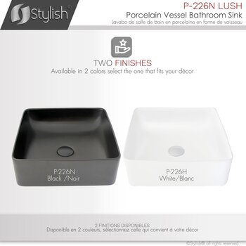 Stylish International Lush 14'' Matte Black Square Ceramic Vessel Bathroom Sink, Available Finishes