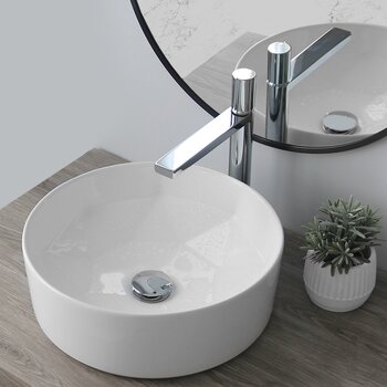 Stylish International Posh 16'' Pure Glossy White Round Ceramic Vessel Bathroom Sink, Installed View