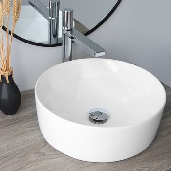 Stylish International Posh 16'' Pure Glossy White Round Ceramic Vessel Bathroom Sink, Installed View
