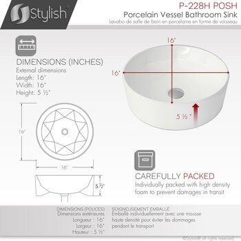 Stylish International Posh 16'' Pure Glossy White Round Ceramic Vessel Bathroom Sink, Dimensions