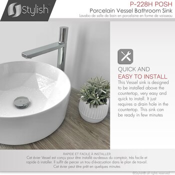 Stylish International Posh 16'' Pure Glossy White Round Ceramic Vessel Bathroom Sink, Quick and Easy to Install