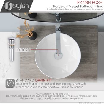 Stylish International Posh 16'' Pure Glossy White Round Ceramic Vessel Bathroom Sink, Compatible Drain