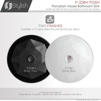 Stylish International Posh 16'' Pure Glossy White Round Ceramic Vessel Bathroom Sink, Available Finishes
