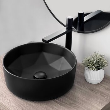 Stylish International Posh 16'' Matte Black Round Ceramic Vessel Bathroom Sink, Installed View