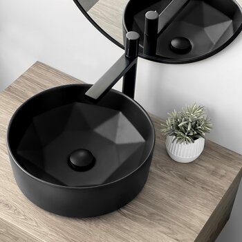 Stylish International Posh 16'' Matte Black Round Ceramic Vessel Bathroom Sink, Installed View
