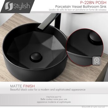 Stylish International Posh 16'' Matte Black Round Ceramic Vessel Bathroom Sink, Finish Info
