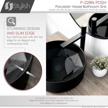 Stylish International Posh 16'' Matte Black Round Ceramic Vessel Bathroom Sink, Stunning Design Info