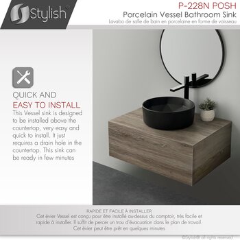 Stylish International Posh 16'' Matte Black Round Ceramic Vessel Bathroom Sink, Quick and Easy to Install