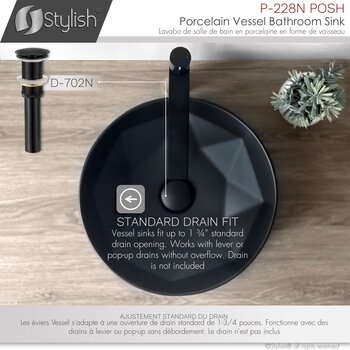 Stylish International Posh 16'' Matte Black Round Ceramic Vessel Bathroom Sink, Compatible Drain