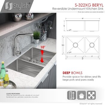 Stylish 32-in Low Divider 60-40 Double Bowl Undermount Kitchen Sink S-325XG